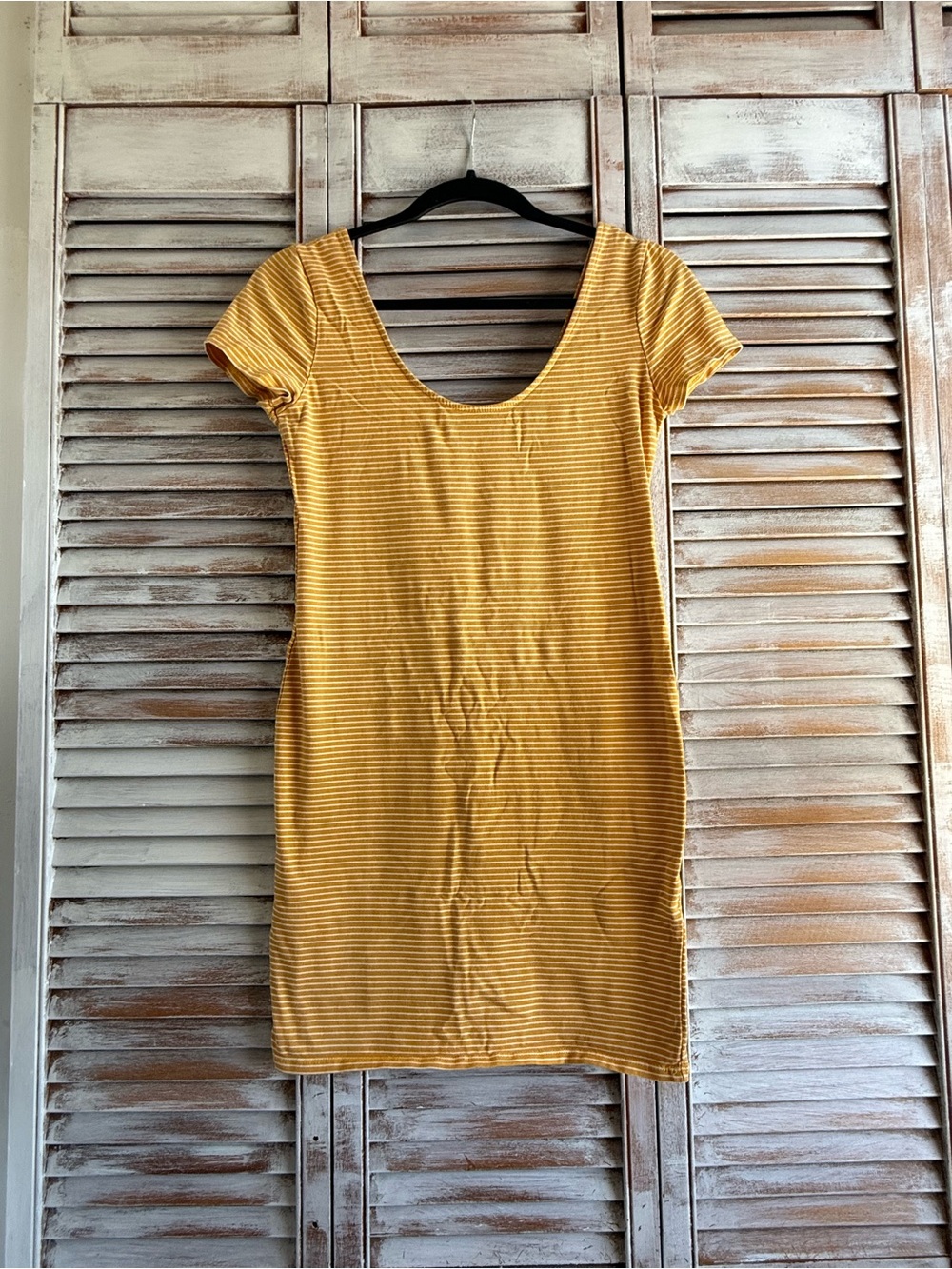 Heart & Hips Mustard Yellow Striped Scoop-Neck Mini Dress